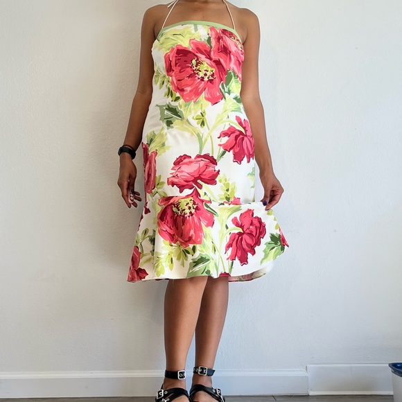 Ann Taylor floral midi dress with ruffle hem, lined, and spaghetti tie straps - Picture 3 of 7